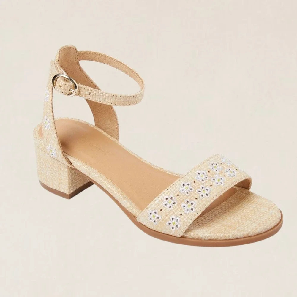 Cat & Jack Shirley Kids Tan Woven Floral Embroidered Block Heel Sandals Size 2